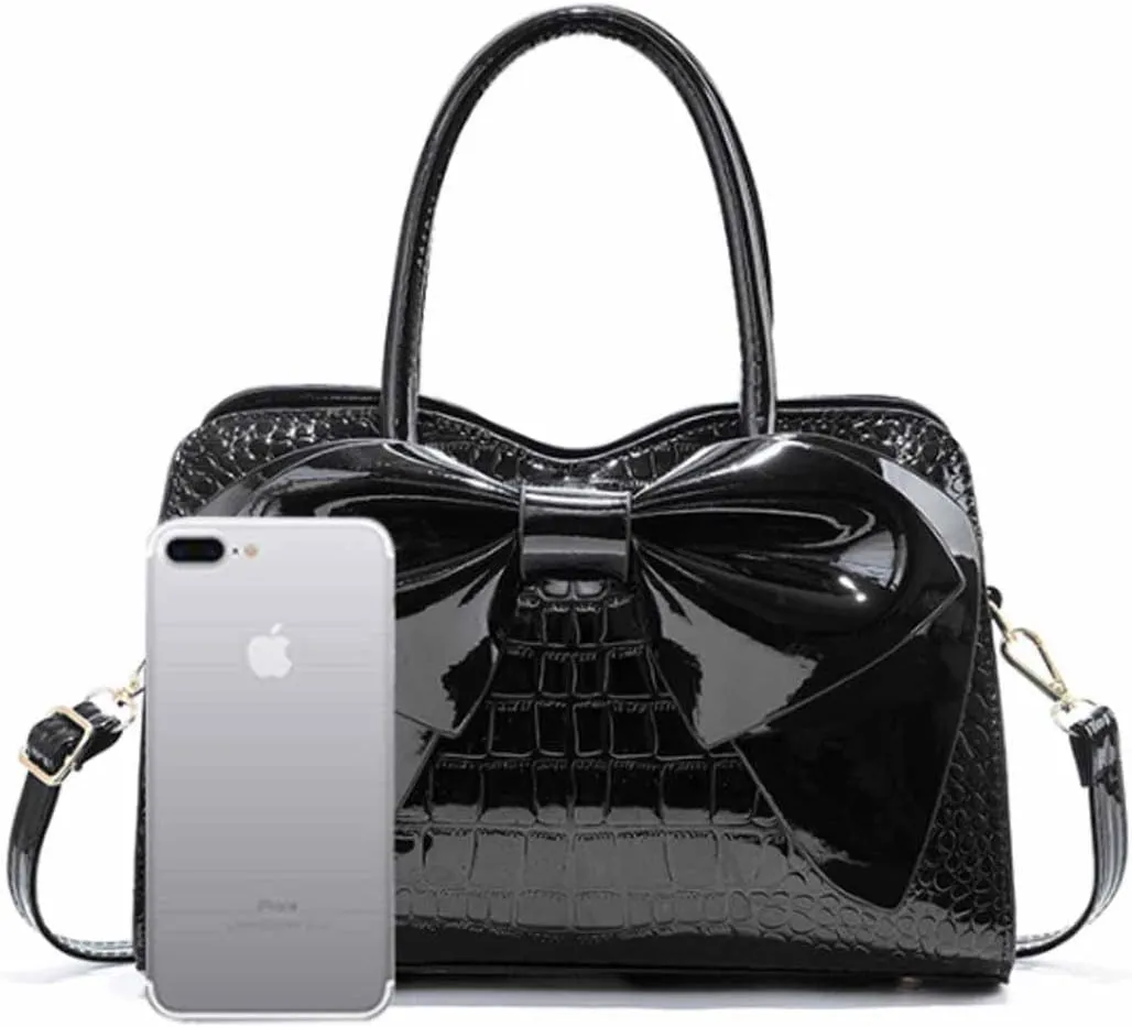 Women Tote Top-handle Bag Patent PU Leather Crosssbody Shoulder Bag Purse Bowknot Handbag Satchel