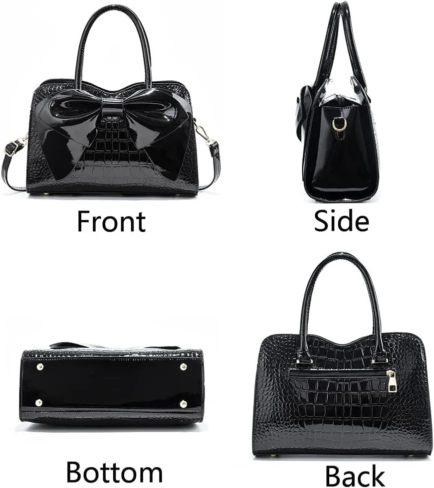 Women Tote Top-handle Bag Patent PU Leather Crosssbody Shoulder Bag Purse Bowknot Handbag Satchel