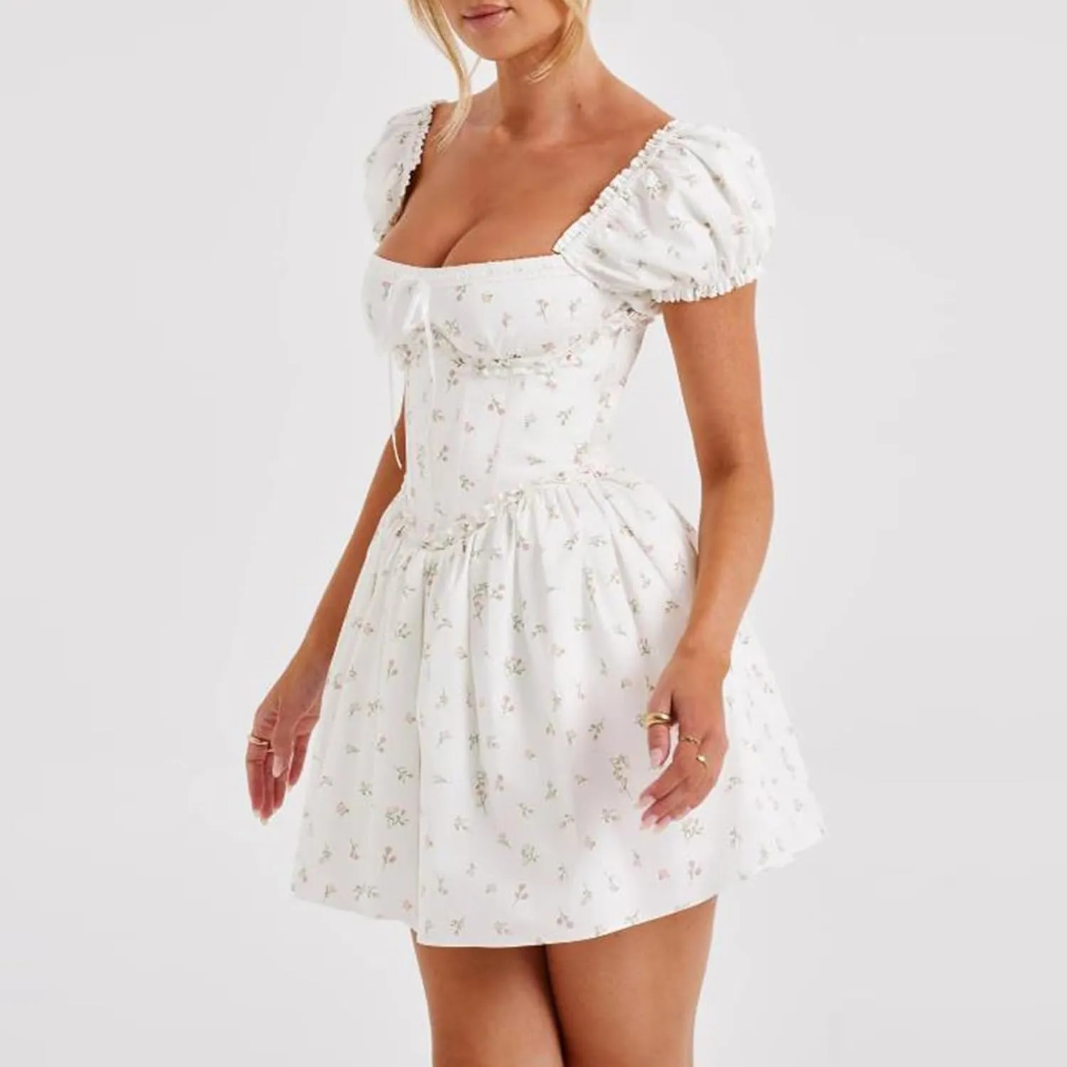 Women White Mini Dress Y2K Vintage Lace Patchwork A line Dress Summer Party Vacation Short Graduation Dresses