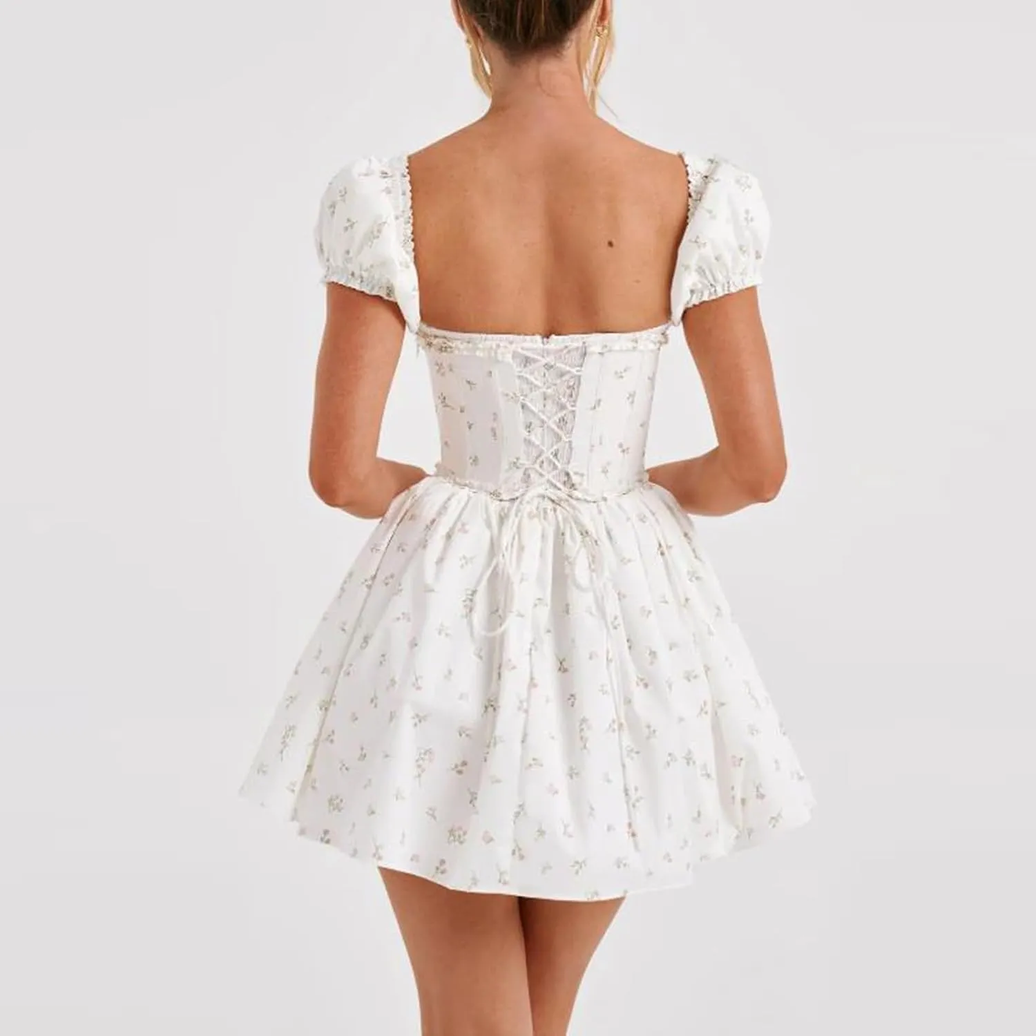 Women White Mini Dress Y2K Vintage Lace Patchwork A line Dress Summer Party Vacation Short Graduation Dresses