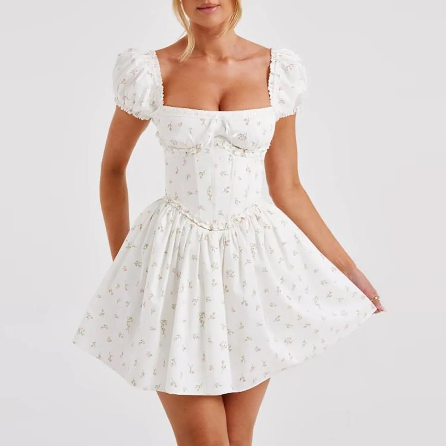 Women White Mini Dress Y2K Vintage Lace Patchwork A line Dress Summer Party Vacation Short Graduation Dresses