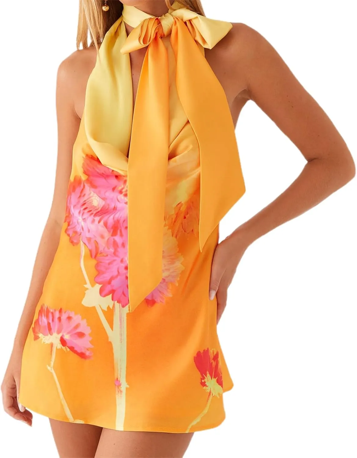 Women Y2K Strapless Mini Dress Summer Sexy Floral Backless Halter Silk Satin Scarf Short Formal Dresses