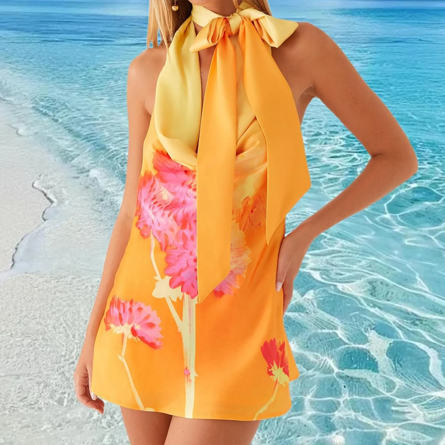 Women Y2K Strapless Mini Dress Summer Sexy Floral Backless Halter Silk Satin Scarf Short Formal Dresses