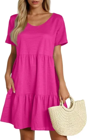 Women's 2025 Casual Loose Plain Midi Sundress Beach Vacation Short Sleeve Summer Beach Tiered Party Dresses