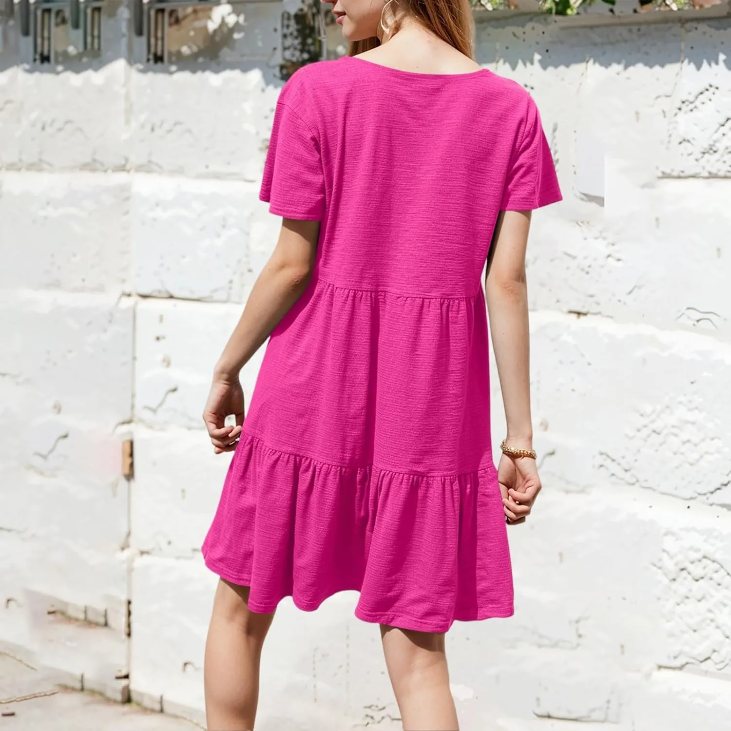 Women's 2025 Casual Loose Plain Midi Sundress Beach Vacation Short Sleeve Summer Beach Tiered Party Dresses