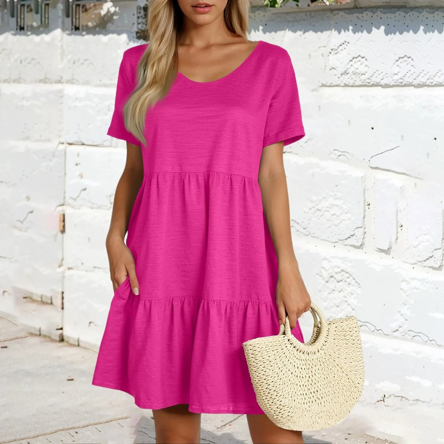Women's 2025 Casual Loose Plain Midi Sundress Beach Vacation Short Sleeve Summer Beach Tiered Party Dresses