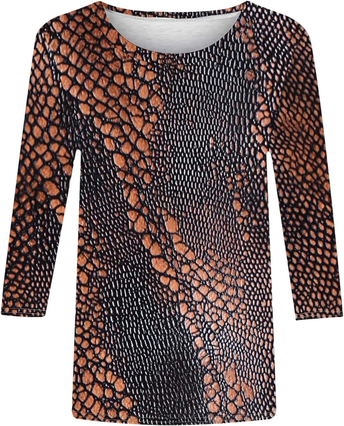 Womens 3/4 Sleeve Top, Fashion Snake Skin Print Casual Loose Fit Crew Neck Shirt, Trendy Printed T-Shirt Blouses