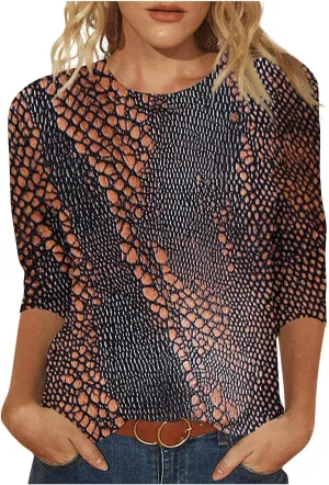 Womens 3/4 Sleeve Top, Fashion Snake Skin Print Casual Loose Fit Crew Neck Shirt, Trendy Printed T-Shirt Blouses