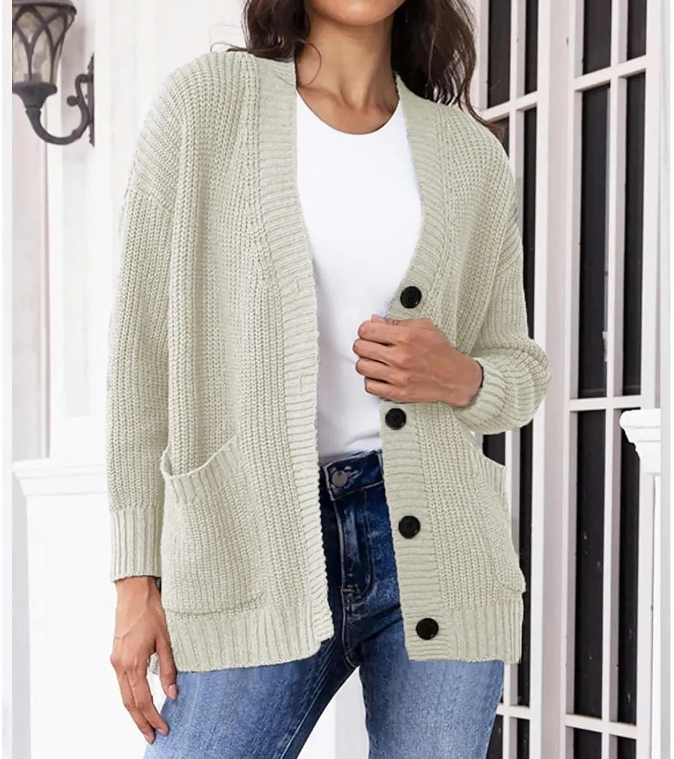 Women's Autumn Sweater Fashion Solid Knitted Button Down Long Sleeve Warm Loose Cardigan Winter Thick Crochet Coats