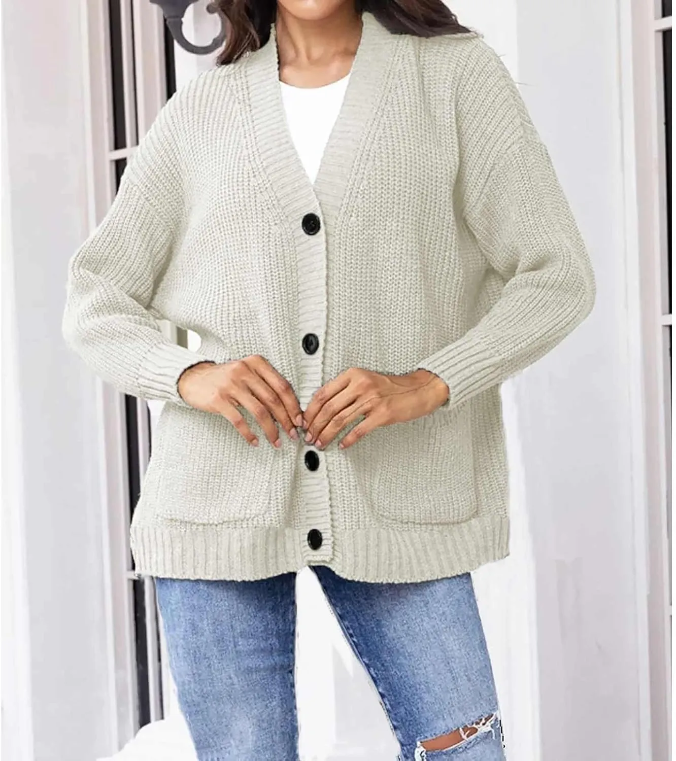 Women's Autumn Sweater Fashion Solid Knitted Button Down Long Sleeve Warm Loose Cardigan Winter Thick Crochet Coats