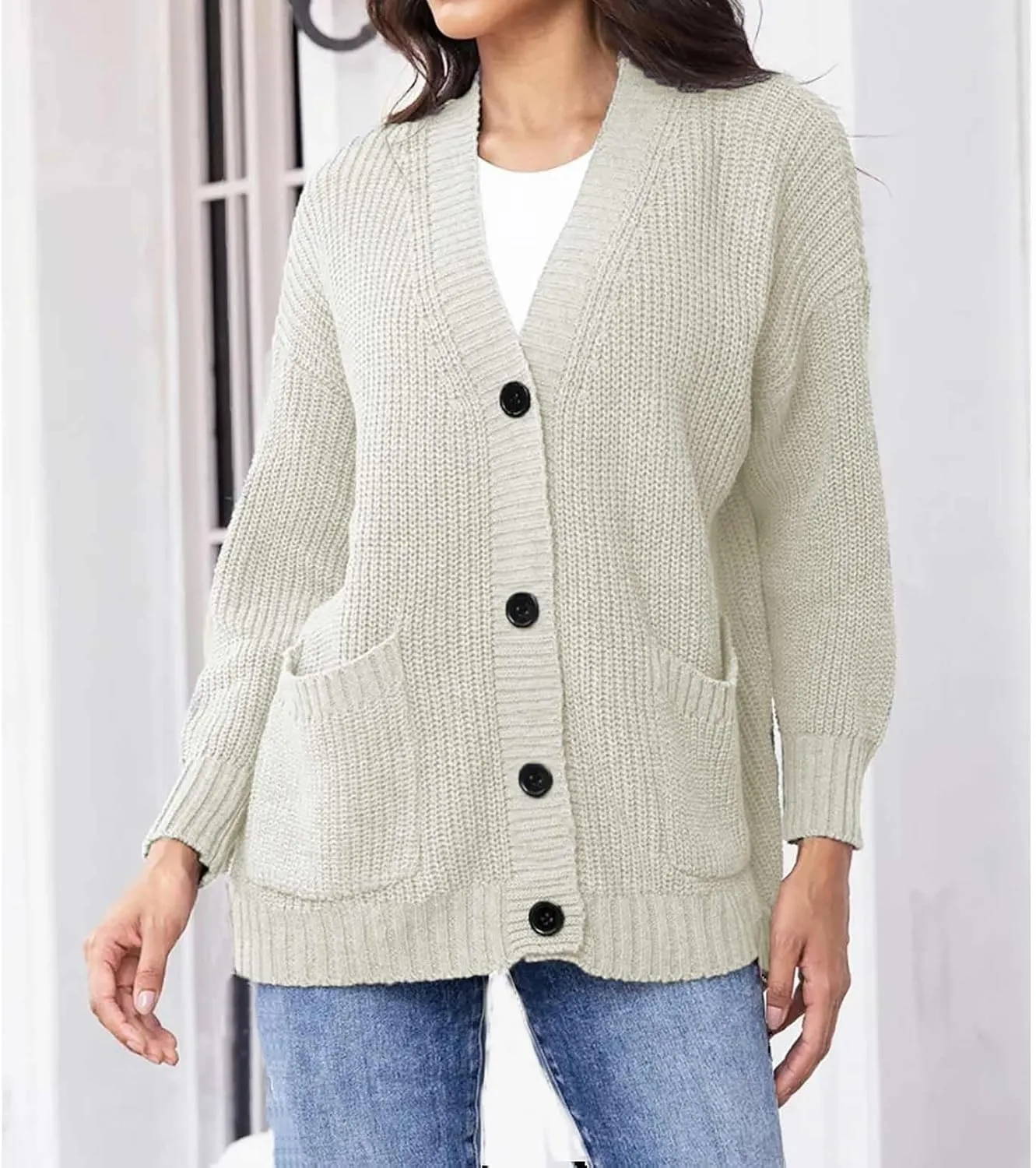 Women's Autumn Sweater Fashion Solid Knitted Button Down Long Sleeve Warm Loose Cardigan Winter Thick Crochet Coats