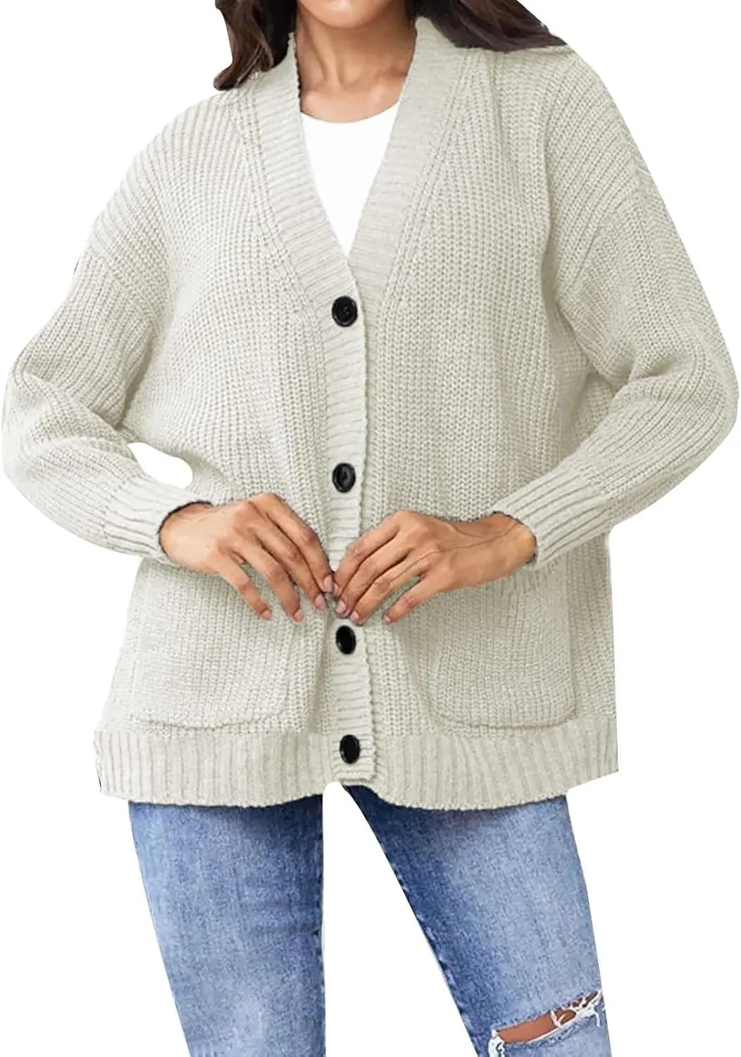 Women's Autumn Sweater Fashion Solid Knitted Button Down Long Sleeve Warm Loose Cardigan Winter Thick Crochet Coats
