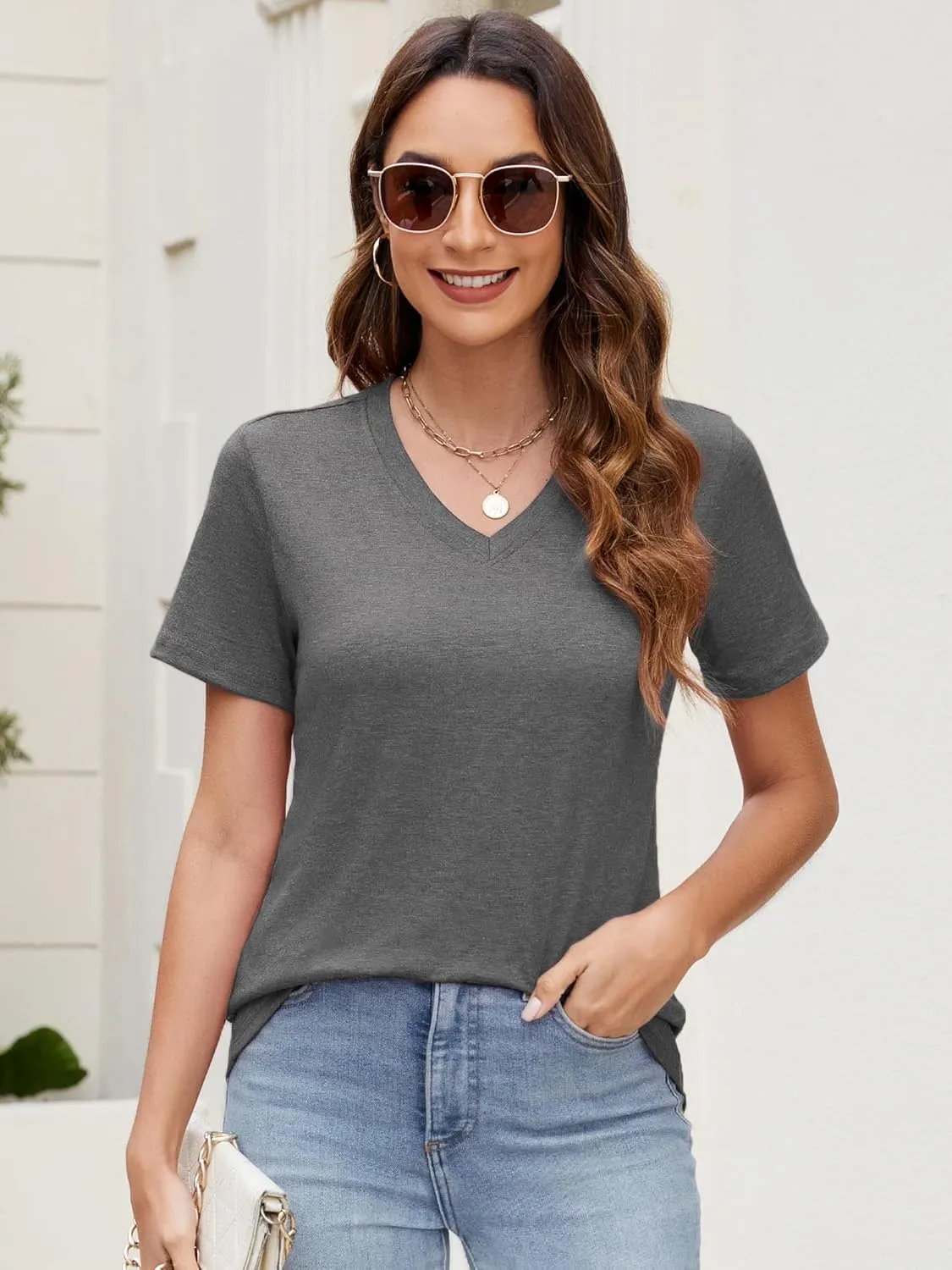 Women's Basic T Shirts Pack V Neck Short Sleeve Tees Loose Fit Tshirts Summer Casual Fashion Soft Tee Tops S-XXL