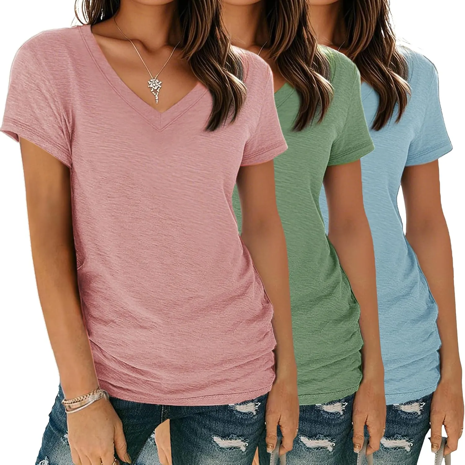 Women's Basic T Shirts Pack V Neck Short Sleeve Tees Loose Fit Tshirts Summer Casual Fashion Soft Tee Tops S-XXL