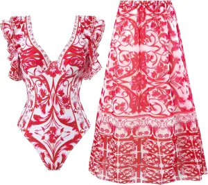 Womens Bathing Suit with Beach Cover Up Wrap Skirt Sarong Retro Floral Print Bikini Set Two Piece Monokini Swimwear