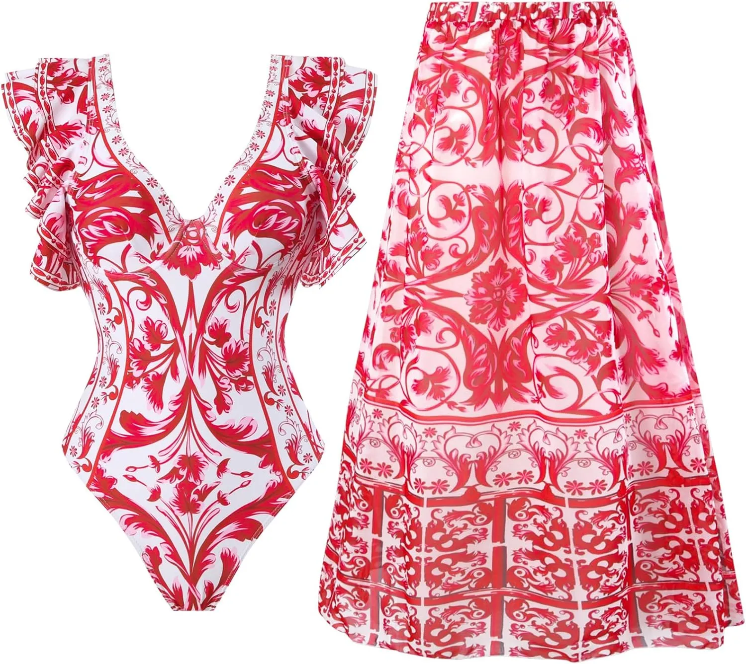 Womens Bathing Suit with Beach Cover Up Wrap Skirt Sarong Retro Floral Print Bikini Set Two Piece Monokini Swimwear
