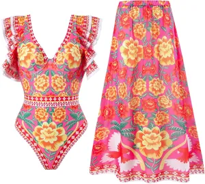 Womens Bathing Suit with Beach Cover Up Wrap Skirt Sarong Retro Floral Print Bikini Set Two Piece Monokini Swimwear