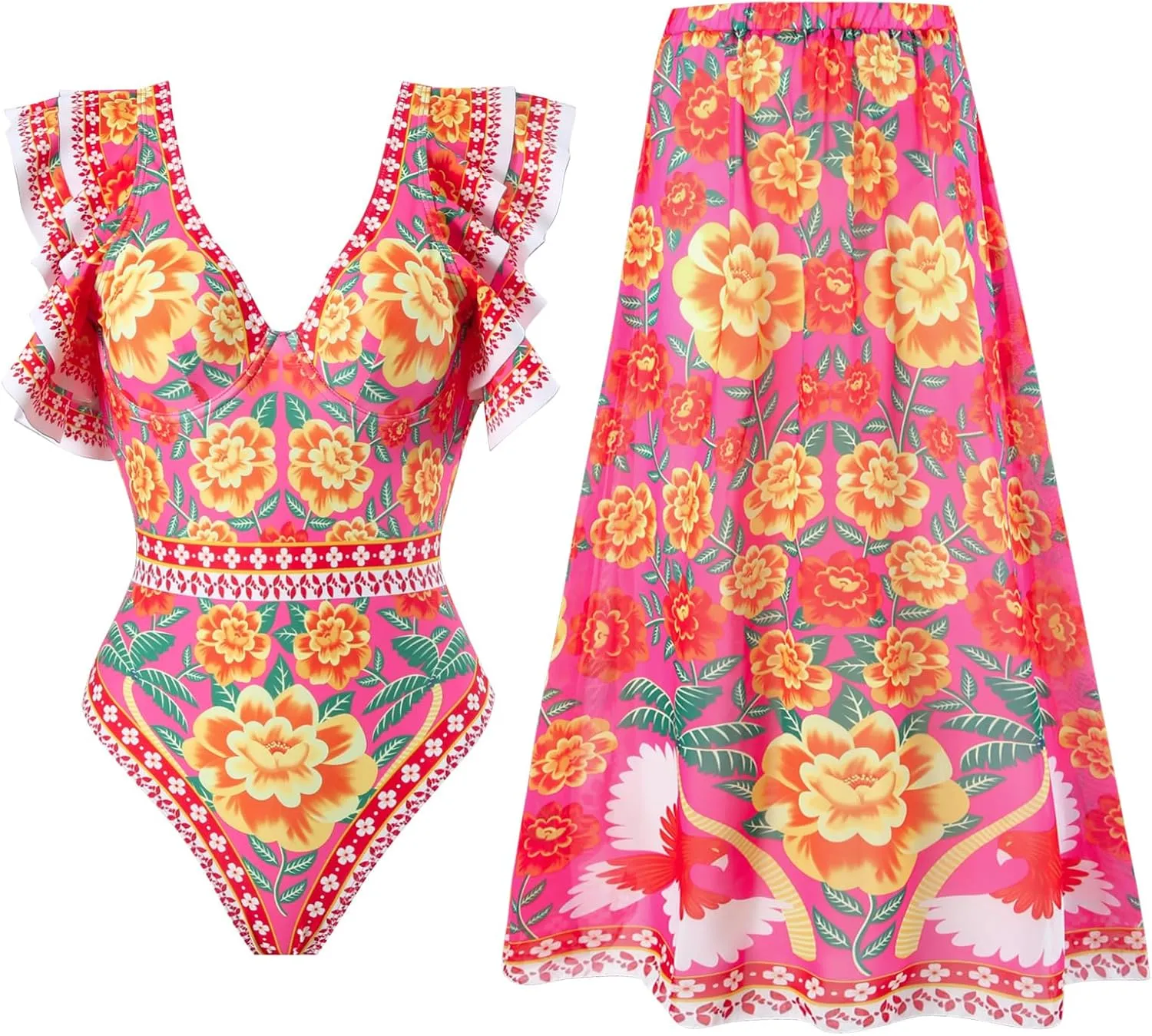 Womens Bathing Suit with Beach Cover Up Wrap Skirt Sarong Retro Floral Print Bikini Set Two Piece Monokini Swimwear