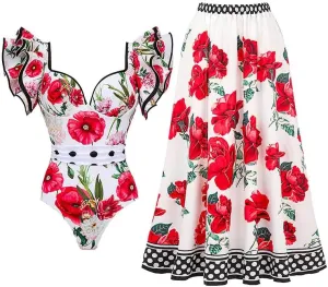 Womens Bathing Suit with Beach Cover Up Wrap Skirt Sarong Retro Floral Print Bikini Set Two Piece Monokini Swimwear