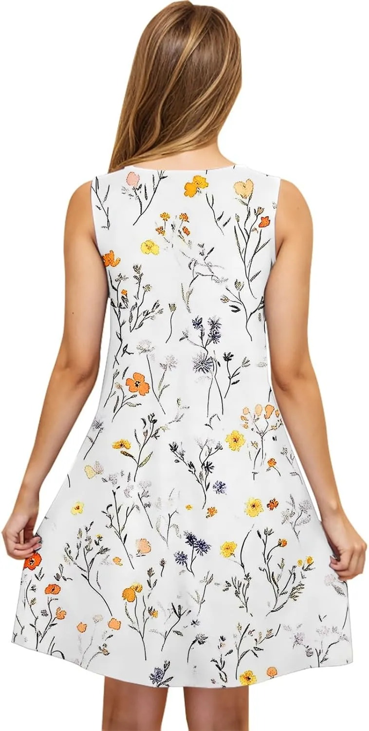 Womens Beach Dresses Trendy Swimsuit Cover Ups Sleeveless Vacation Dresses Floral Swing Mini Dress Flowy Dresses