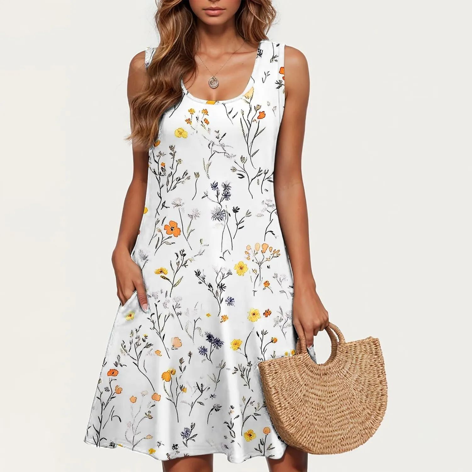 Womens Beach Dresses Trendy Swimsuit Cover Ups Sleeveless Vacation Dresses Floral Swing Mini Dress Flowy Dresses