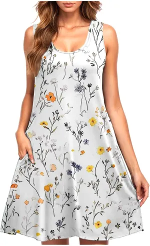 Womens Beach Dresses Trendy Swimsuit Cover Ups Sleeveless Vacation Dresses Floral Swing Mini Dress Flowy Dresses