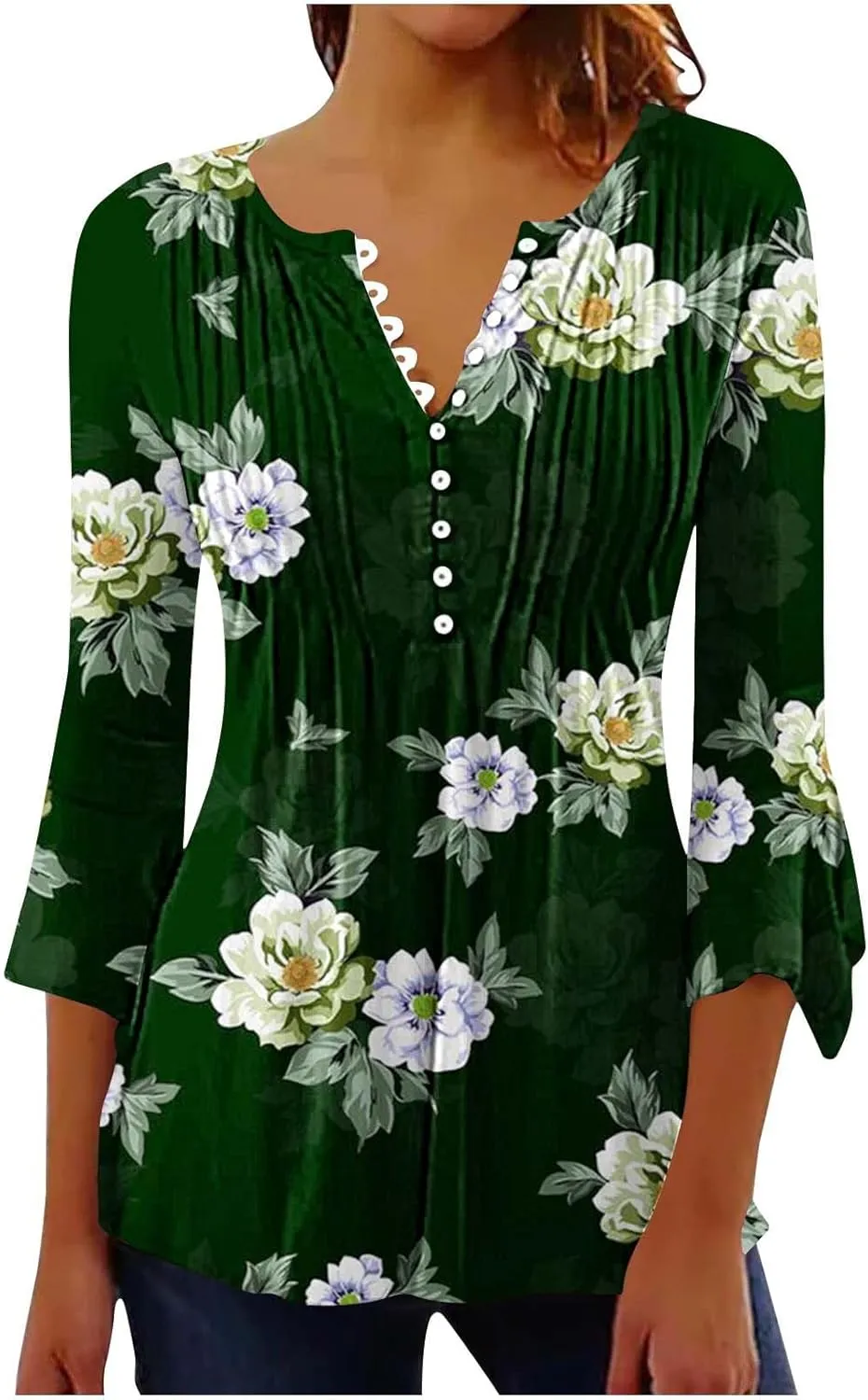 Women's Blouses & Button-Down Shirts Vintage Floral Print Boho Empire Waist Tunic Tops Spring Fashion 3/4 Sleeve Tees