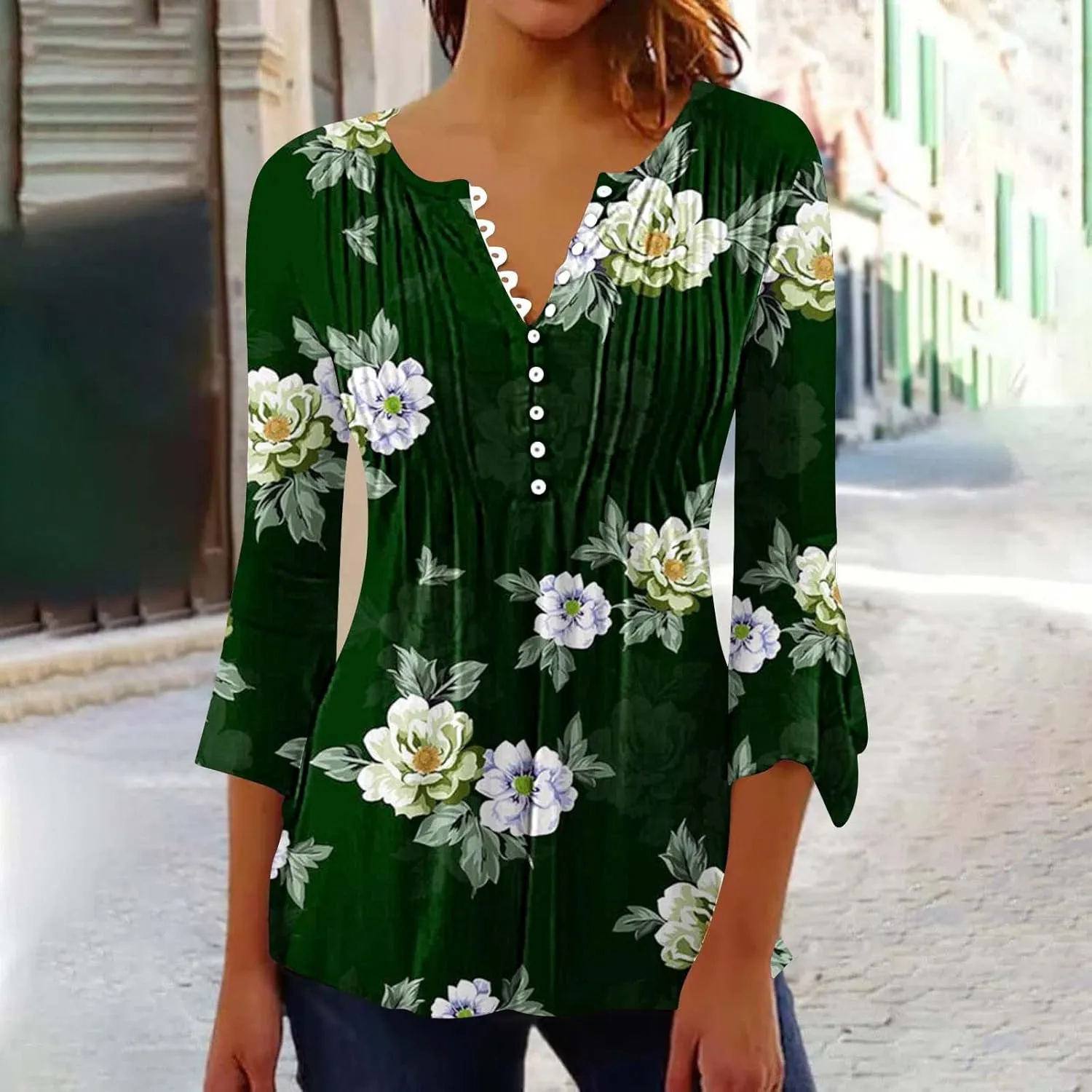 Women's Blouses & Button-Down Shirts Vintage Floral Print Boho Empire Waist Tunic Tops Spring Fashion 3/4 Sleeve Tees