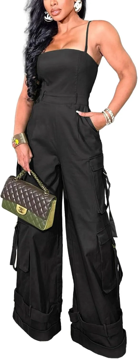Womens Cargo Jumpsuit Sexy One Piece Outfit Wide Leg Romper Multi Pockets Overalls
