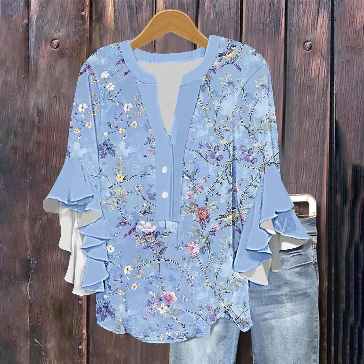 Women's Casual Boho Floral Print Tops Loose V Neck 3/4 Wave Bell Sleeve Flowy Shirts Summer Blouses for Women