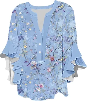 Women's Casual Boho Floral Print Tops Loose V Neck 3/4 Wave Bell Sleeve Flowy Shirts Summer Blouses for Women