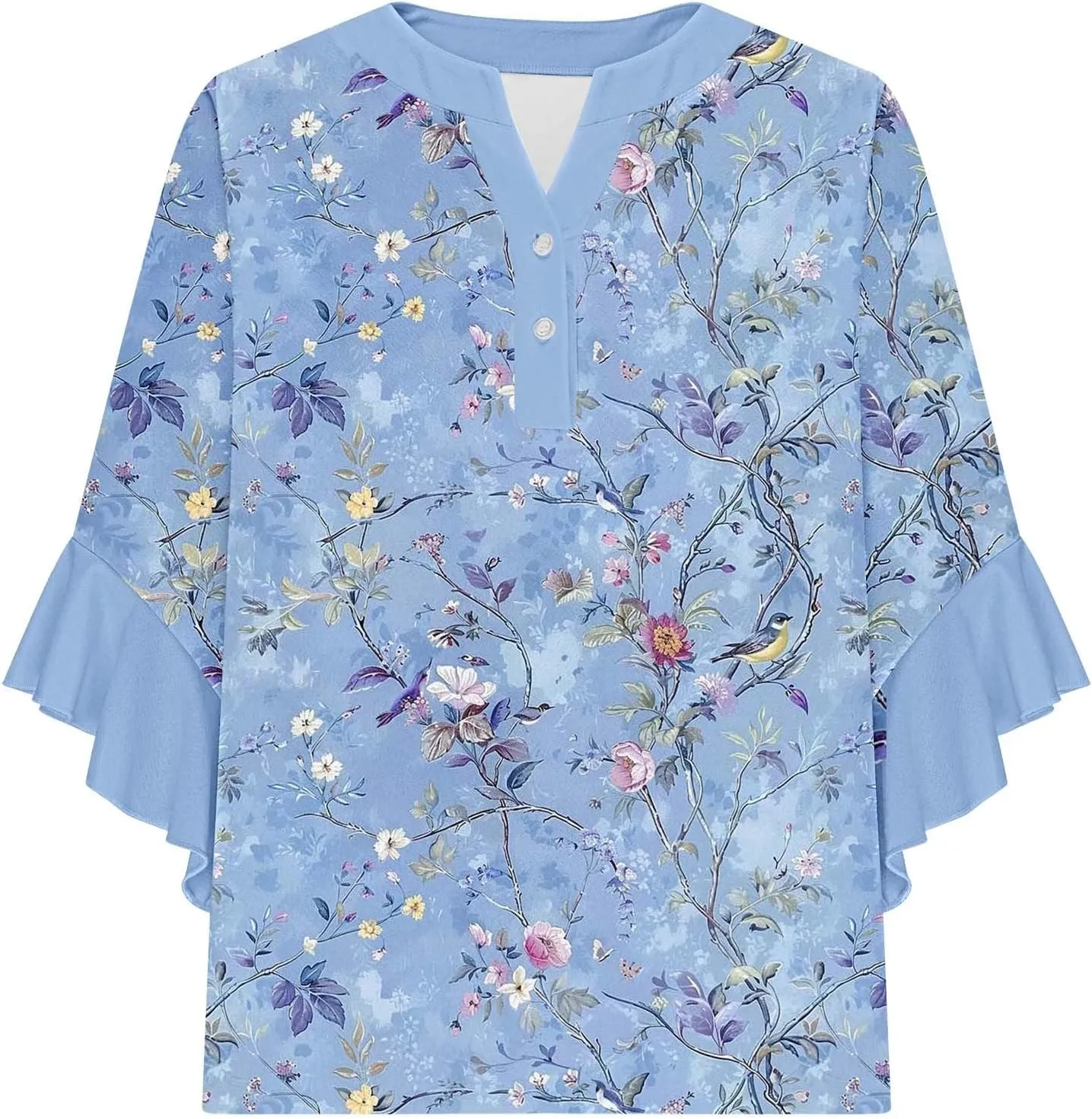 Women's Casual Boho Floral Print Tops Loose V Neck 3/4 Wave Bell Sleeve Flowy Shirts Summer Blouses for Women