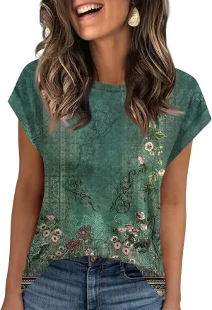 Women's Casual Floral Print Short Sleeve T-Shirt Lightweight Summer Blouse Loose Fit Red Perfect for Daily Wear