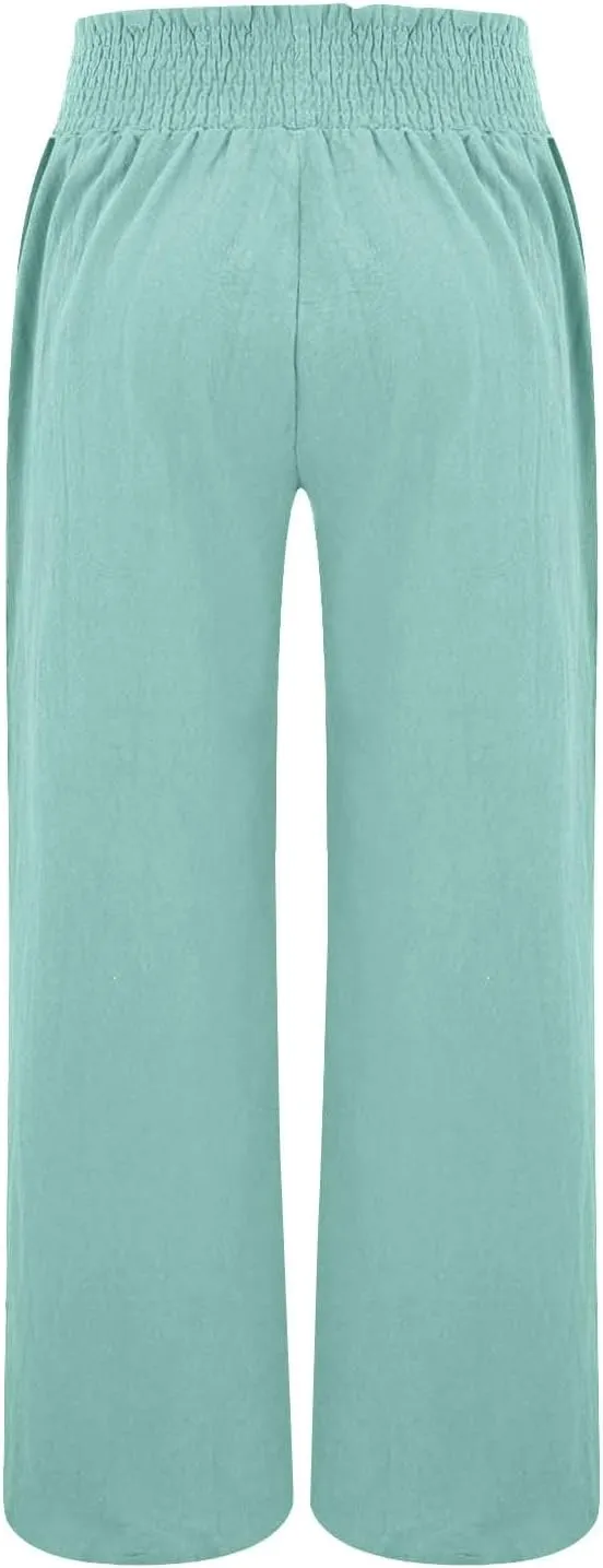 Womens Casual Linen High Waist Wide Leg Pants Boho Linen Beach Trousers with Pockets Wide Leg Pants for Women