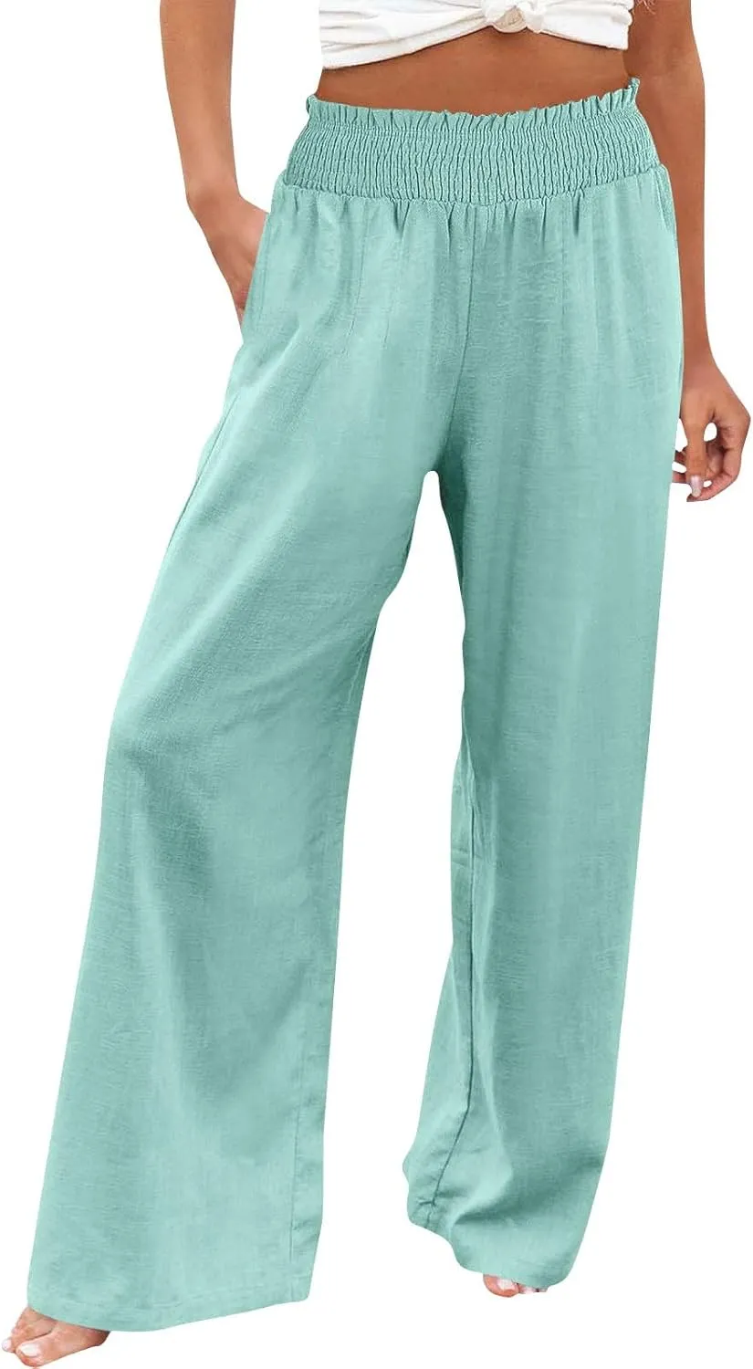 Womens Casual Linen High Waist Wide Leg Pants Boho Linen Beach Trousers with Pockets Wide Leg Pants for Women