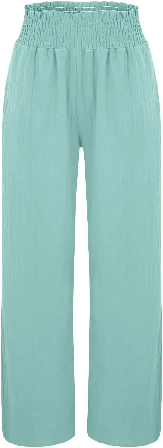 Womens Casual Linen High Waist Wide Leg Pants Boho Linen Beach Trousers with Pockets Wide Leg Pants for Women