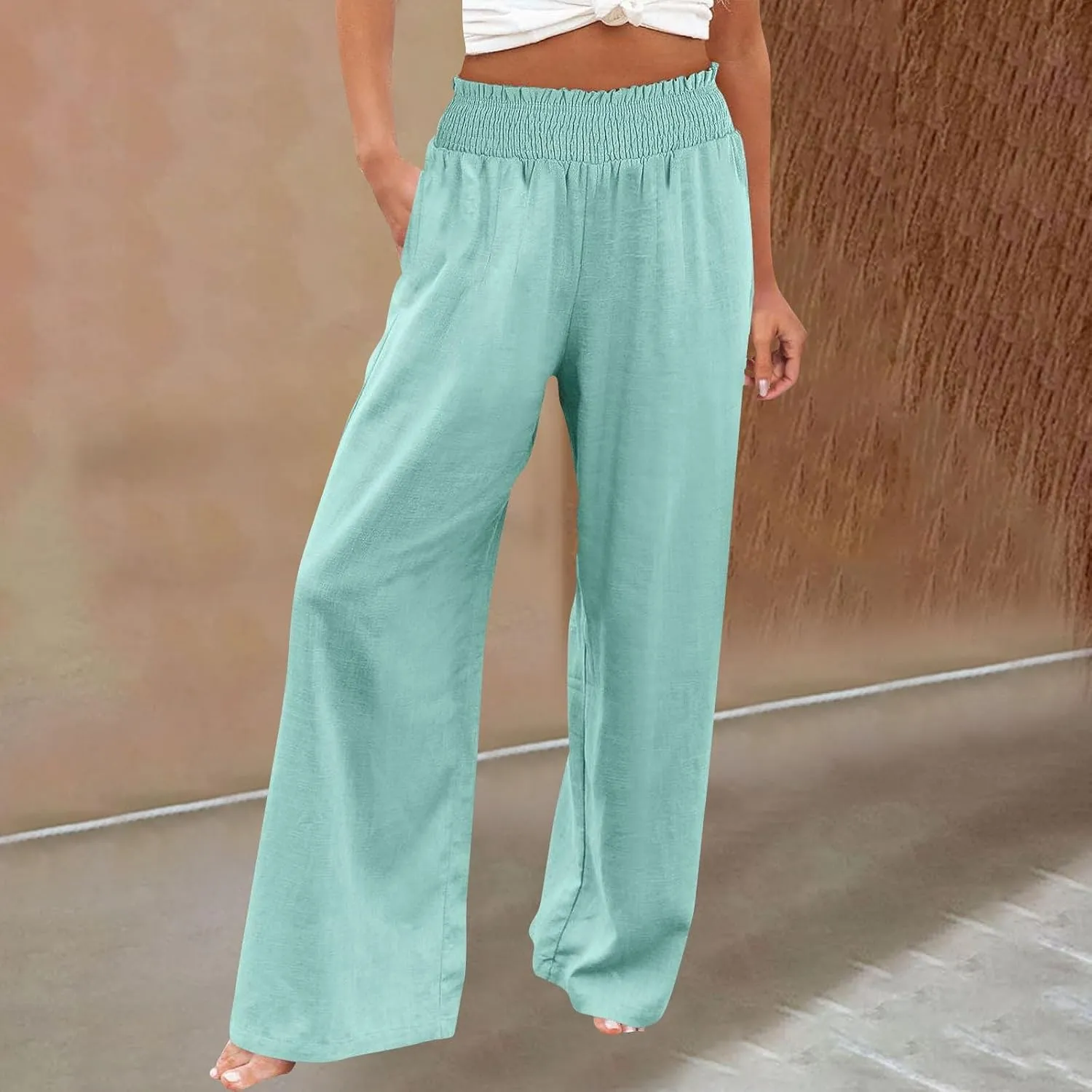 Womens Casual Linen High Waist Wide Leg Pants Boho Linen Beach Trousers with Pockets Wide Leg Pants for Women
