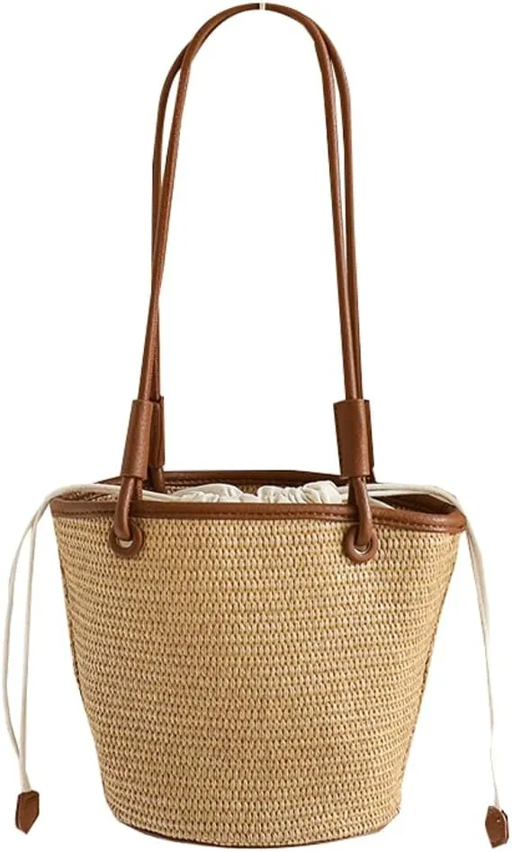 Womens Casual Straw Shoulder Bags Bucket Summer Beach Tote Purse Rattan Woven Top Handle Satchel Handbag Vacation