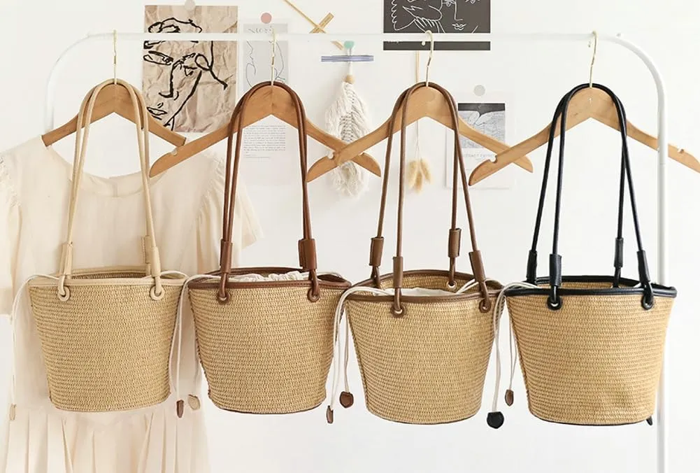 Womens Casual Straw Shoulder Bags Bucket Summer Beach Tote Purse Rattan Woven Top Handle Satchel Handbag Vacation