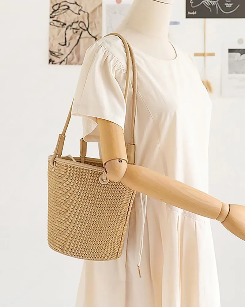 Womens Casual Straw Shoulder Bags Bucket Summer Beach Tote Purse Rattan Woven Top Handle Satchel Handbag Vacation