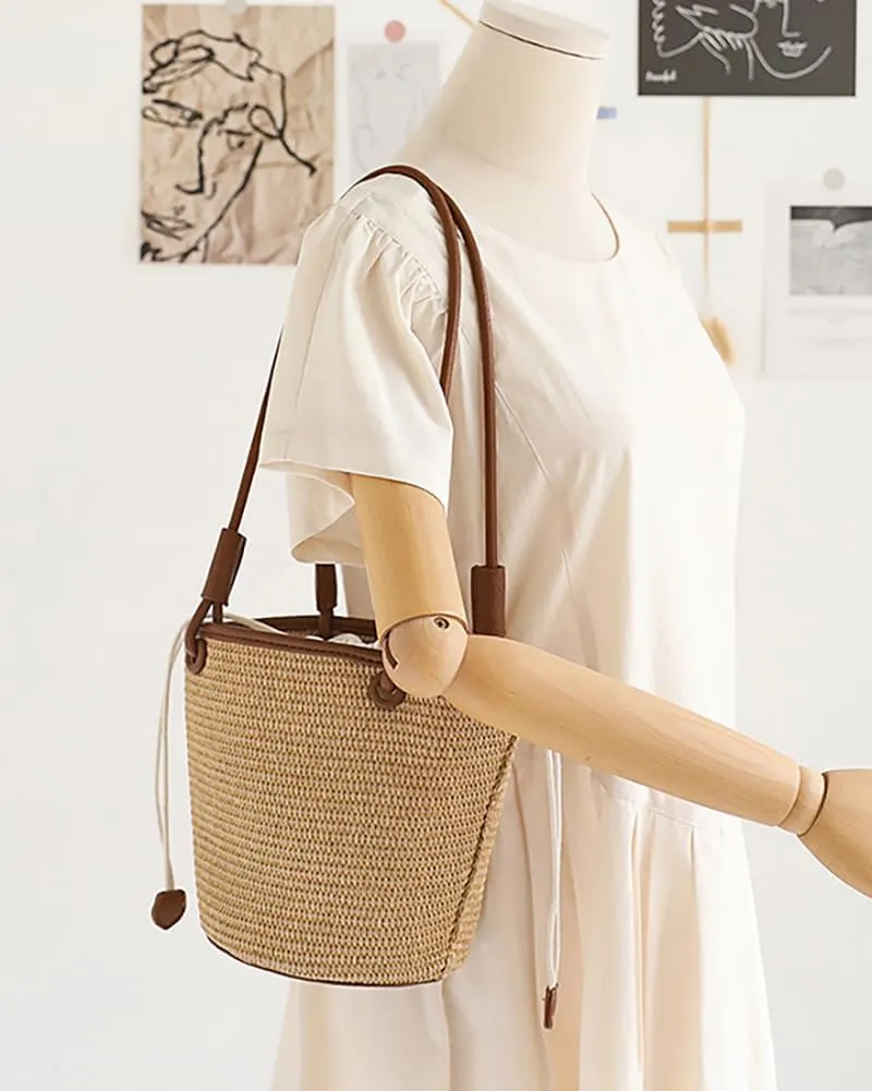 Womens Casual Straw Shoulder Bags Bucket Summer Beach Tote Purse Rattan Woven Top Handle Satchel Handbag Vacation