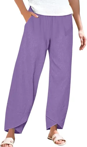 Women's Cotton Linen Pants Summer 2025 Casual Capri Pants with Pockets Cropped High Waisted Comfy Baggy Trousers