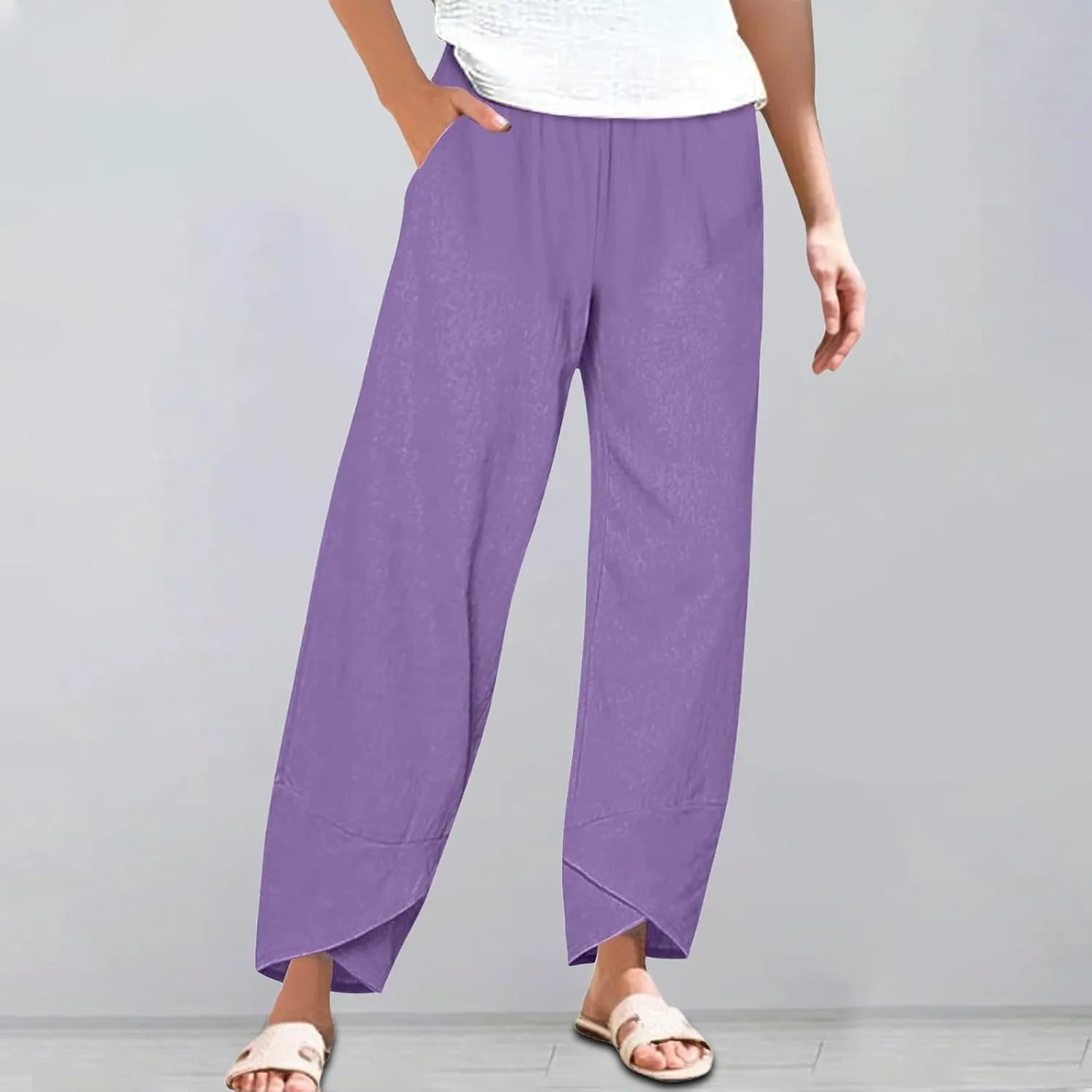 Women's Cotton Linen Pants Summer 2025 Casual Capri Pants with Pockets Cropped High Waisted Comfy Baggy Trousers