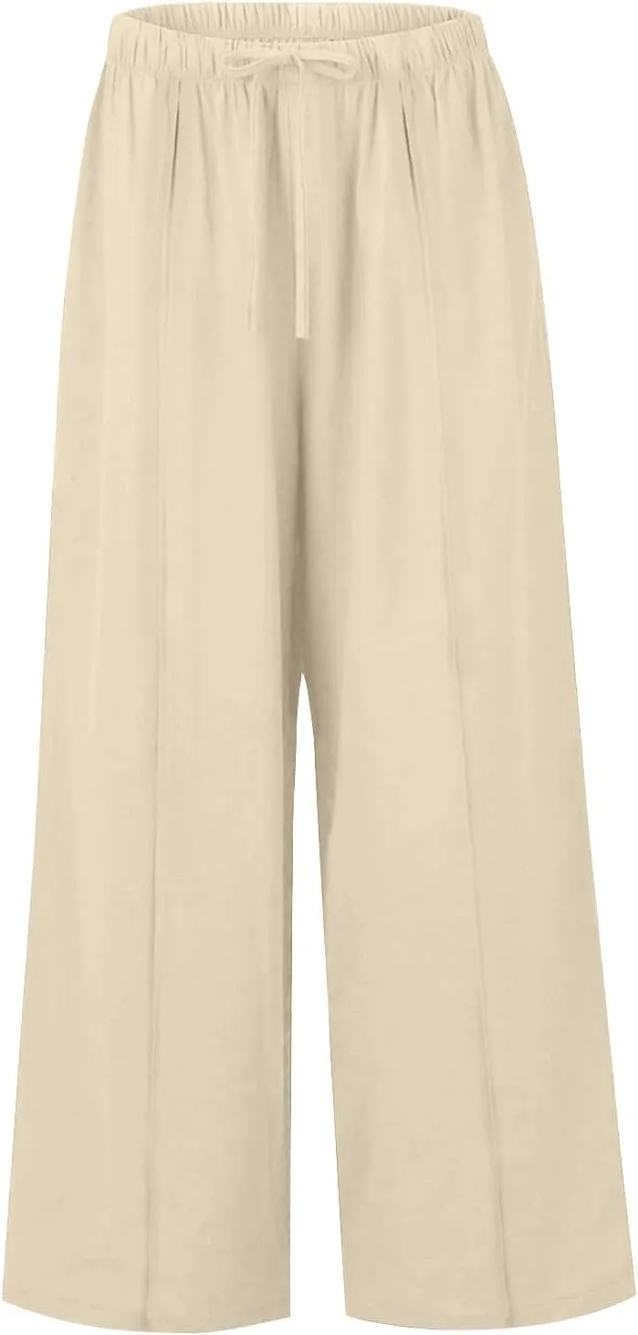 Women's Cotton Linen Summer Palazzo Pants Elastic Drawstring Flowy Wide Leg Beach Trousers with Pockets