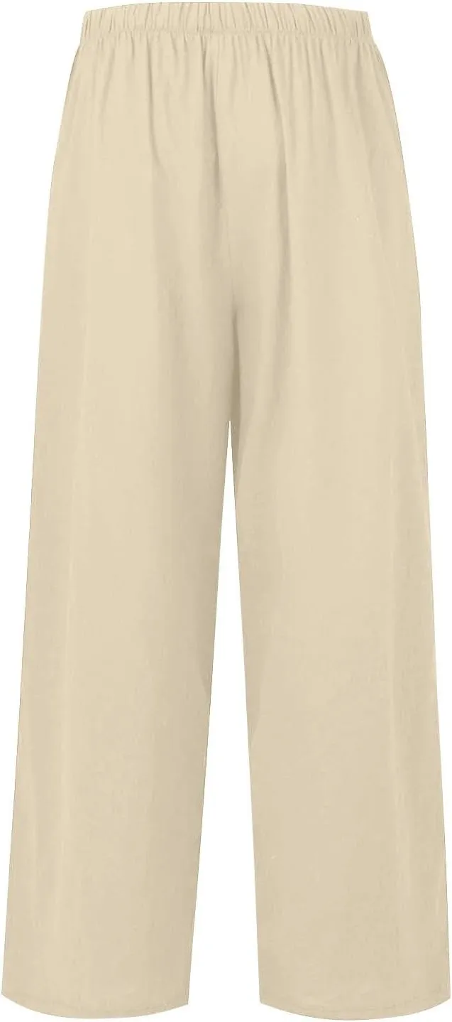 Women's Cotton Linen Summer Palazzo Pants Elastic Drawstring Flowy Wide Leg Beach Trousers with Pockets