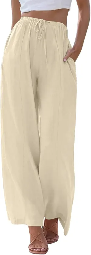 Women's Cotton Linen Summer Palazzo Pants Elastic Drawstring Flowy Wide Leg Beach Trousers with Pockets