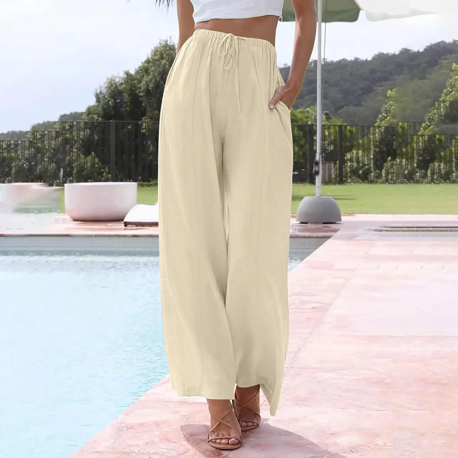 Women's Cotton Linen Summer Palazzo Pants Elastic Drawstring Flowy Wide Leg Beach Trousers with Pockets