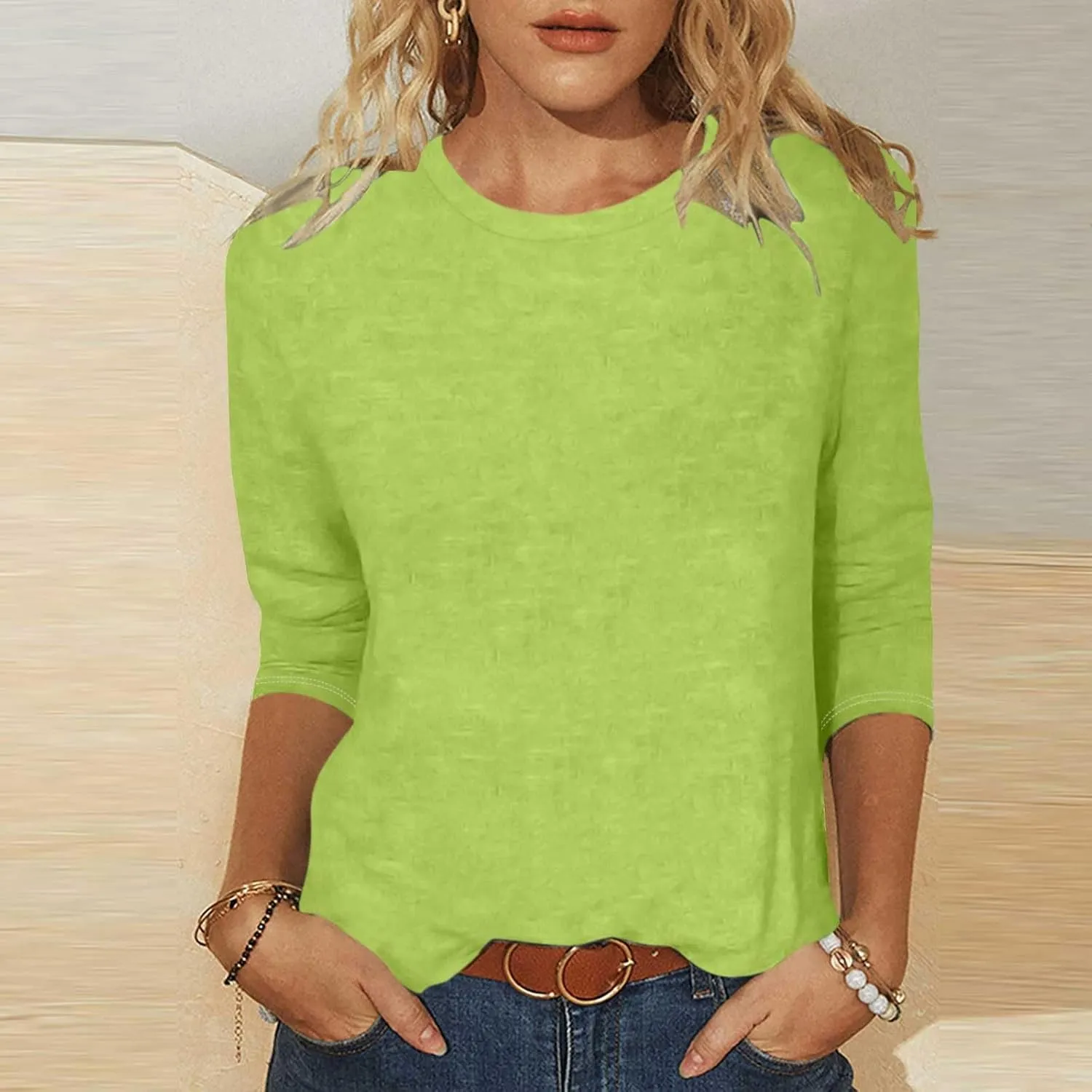 Womens Crew Neck 3/4 Sleeve T Shirts Loose Tunic Tops Casual Solid Basic Tees Three Quarter Length Sleeves Blouses