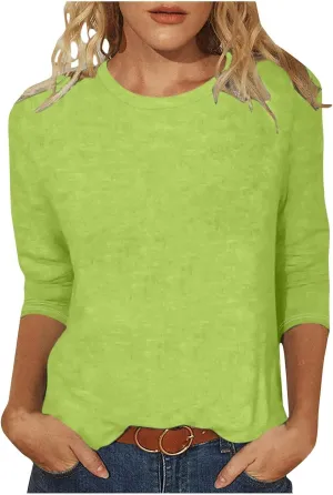 Womens Crew Neck 3/4 Sleeve T Shirts Loose Tunic Tops Casual Solid Basic Tees Three Quarter Length Sleeves Blouses
