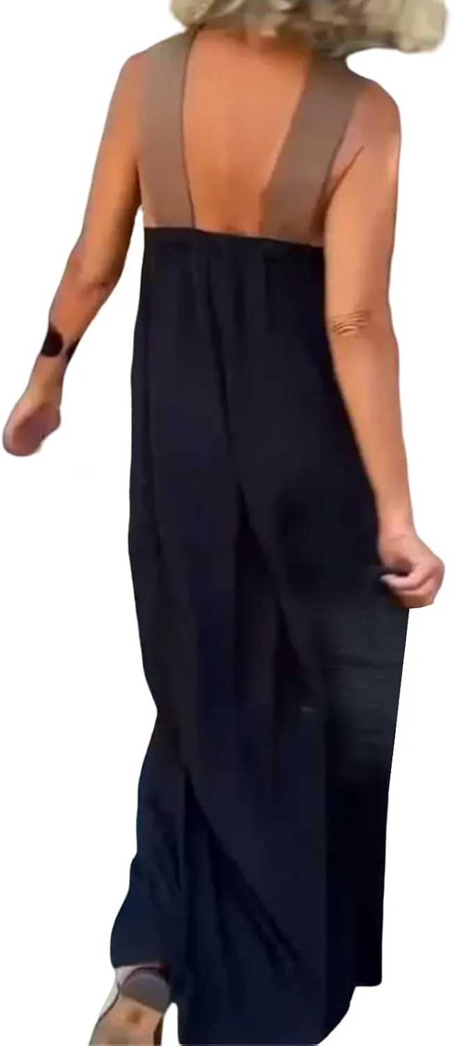 Women's Cross Halter Neck Sleeveless Stitching Dress2025 Summer Loose Flowy Sundress Backless Maxi Dress